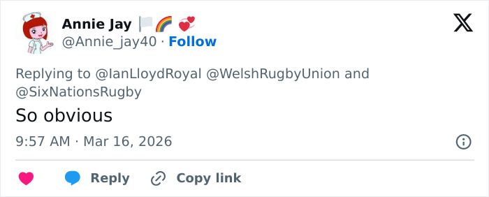 Tweet from user Annie Jay replying to Ian Lloyd Royal and rugby accounts, commenting 