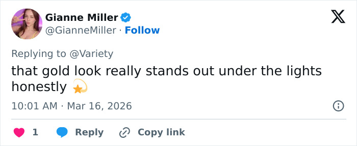 Tweet from Gianne Miller praising Kim Kardashian’s Oscars party look with a striking gold outfit standing out under bright lights.