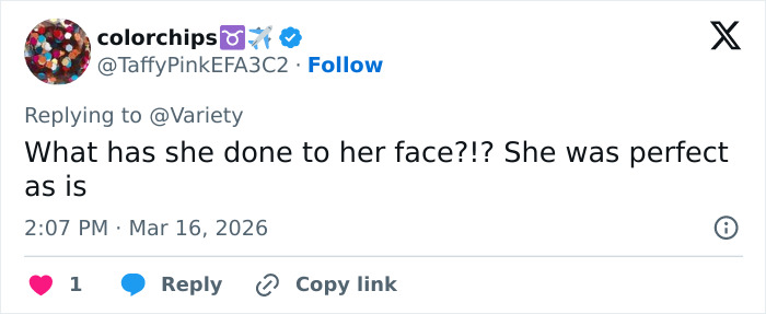 Screenshot of a tweet reacting wildly to Kim Kardashian’s Oscars party look, mentioning she had more work done.