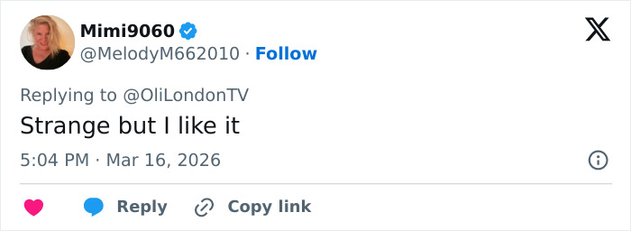 Screenshot of a Twitter reply saying Strange but I like it, referencing a scary stylist detail about Demi Moore&rsquo;s Oscars look.