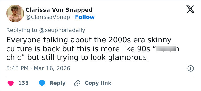 Tweet discussing 90s-inspired fashion and skinny culture referencing Maude Apatow at Oscars party with a disturbing detail noticed.