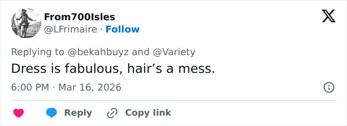 Tweet from user From700Isles commenting on Kim Kardashian’s Oscars party look, mentioning her dress and hair details.