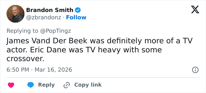 Tweet by Brandon Smith discussing Eric Dane’s TV career, related to Shonda Rhimes defending Oscars' exclusion decision.