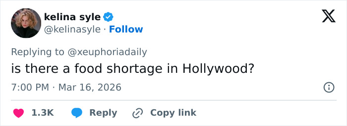 Tweet by kelina syle questioning a possible food shortage in Hollywood, sparking discussion about Oscars party details.