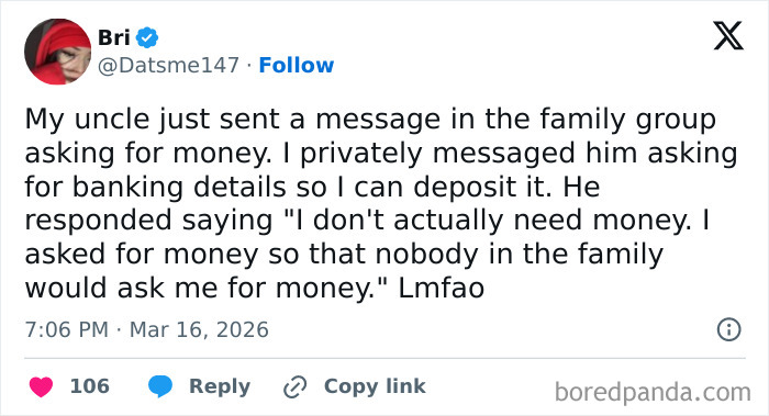 Screenshot of a humorous tweet showing a family money request story among favorite internet moments better than the news.