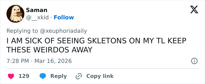 Tweet expressing frustration about seeing disturbing skeleton images, referencing people noticing details in Maude Apatow Oscars party photos.