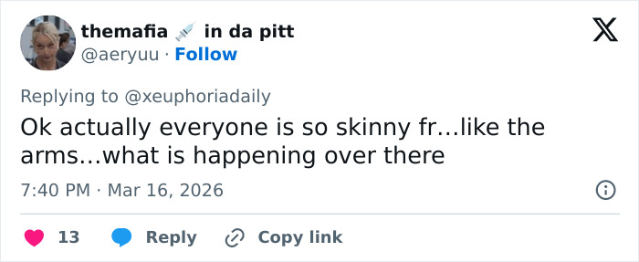 Tweet discussing the disturbing detail of people noticing how skinny Maude Apatow's arms look in Oscars party photos.