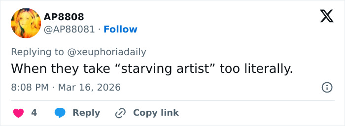 Screenshot of a tweet commenting on a disturbing detail noticed in photos of Maude Apatow at Oscars party.