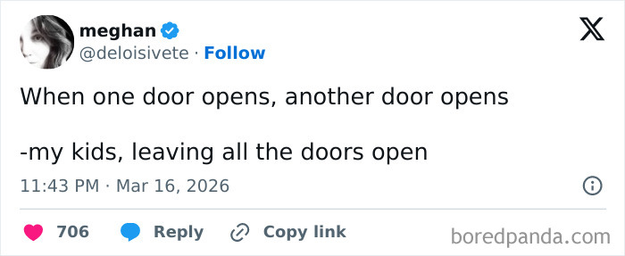 Tweet by a parent humorously sharing honest struggles about kids leaving all the doors open on social media.