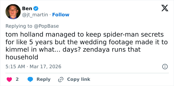 Tweet discussing Zendaya and Tom Holland marriage rumors with real wedding footage revealed, highlighting Zendaya's control.