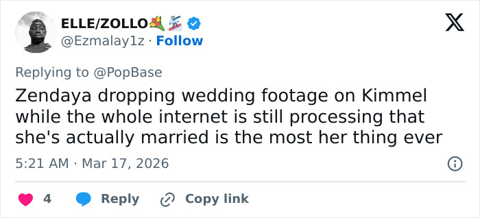 Screenshot of a tweet discussing Zendaya sharing real wedding footage amid Tom Holland marriage rumors.