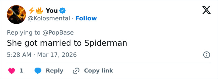 Screenshot of a tweet mentioning Zendaya and Tom Holland marriage rumors with a comment about Spiderman.
