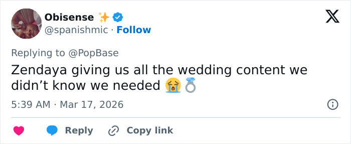 Tweet screenshot showing a fan excited about Zendaya sharing real wedding footage amid Tom Holland marriage rumors.