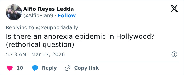 Tweet discussing concerns about an anorexia epidemic in Hollywood in response to photos of Maude Apatow at Oscars party.