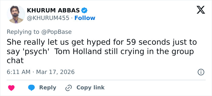 Tweet screenshot showing a user reacting humorously to Zendaya breaking silence on Tom Holland marriage rumors.