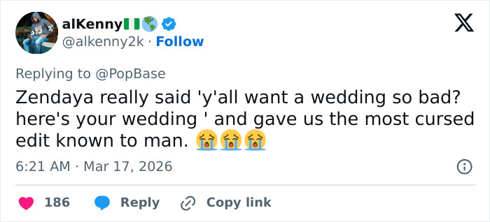 Tweet from alKenny reacting to Zendaya sharing real footage related to Tom Holland marriage rumors with crying emojis.