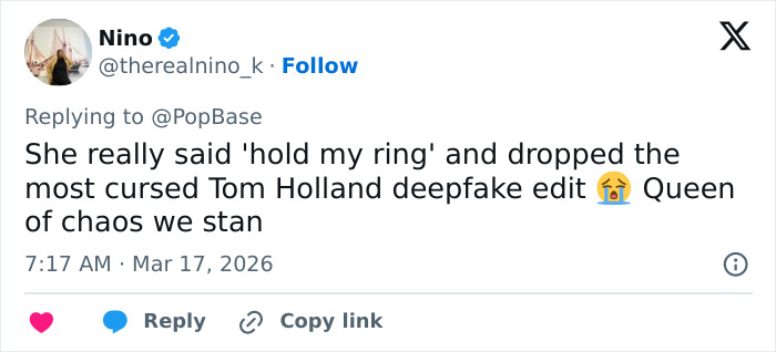 Tweet by user Nino discussing Tom Holland deepfake edit and mentioning ring and chaos related to Zendaya Tom Holland marriage rumors.