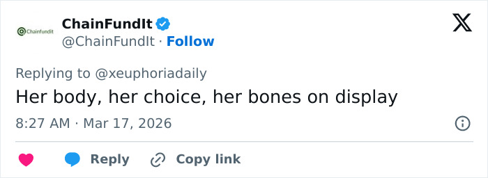 Tweet from ChainFundIt commenting on Maude Apatow's body and bones, highlighting a disturbing detail noticed at Oscars party photos.