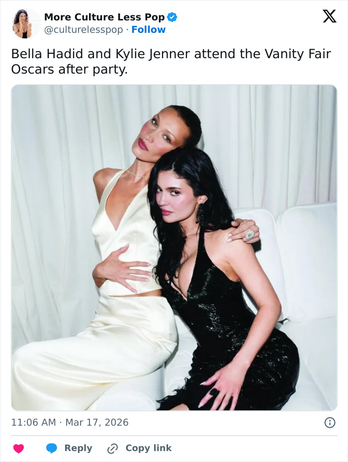 Bella Hadid and Kylie Jenner at Vanity Fair Oscars after party, linked to Timoth&eacute;e Chalamet&rsquo;s awkward Oscars night SEO topic.