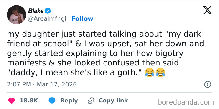 Parent-kid conversation showing child’s humor with a funny mix-up about a friend being goth instead of dark.