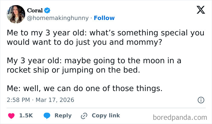 Tweet showing a funny and honest parenting moment sharing struggles parents face with their young children on social media.