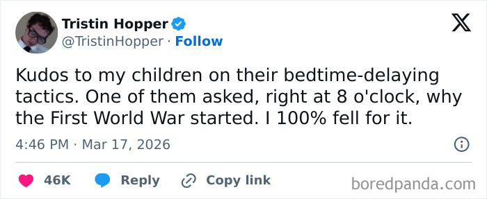 Screenshot of a funny parent tweet sharing the honest struggles of children’s bedtime tactics and unexpected questions.