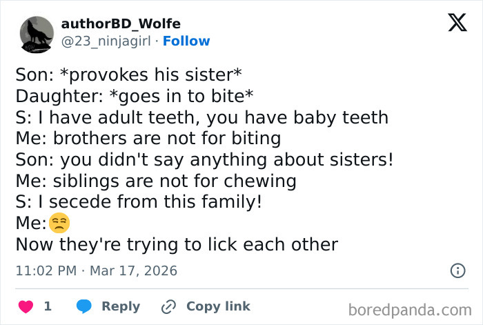 Sibling rivalry humor showing playful biting and teasing between brother and sister during a childhood family moment.