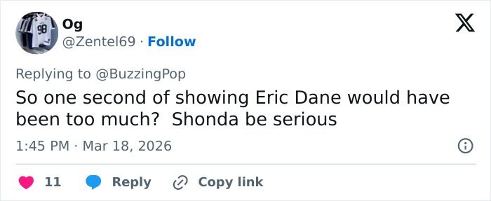 Screenshot of a tweet defending Oscars decision to exclude Eric Dane from In Memoriam tribute by Shonda Rhimes.