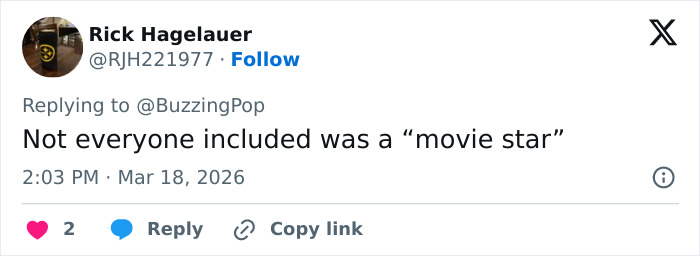 Twitter post by Rick Hagelauer commenting on movie star inclusion amid Shonda Rhimes defending Oscars' Eric Dane tribute decision.