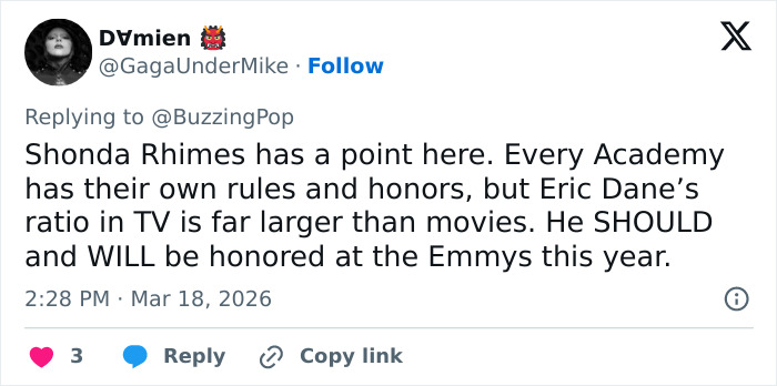Shonda Rhimes defends Oscars' choice excluding Eric Dane from in memoriam TV tribute on social media platform.