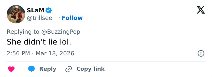 Tweet from user SLaM replying to BuzzingPop with the text She didn't lie lol, discussing Oscars Eric Dane exclusion debate.