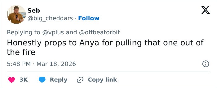 Tweet from Seb praising Anya Taylor-Joy for handling awkward moments in Craig Melvin’s unhinged Today interview backlash.