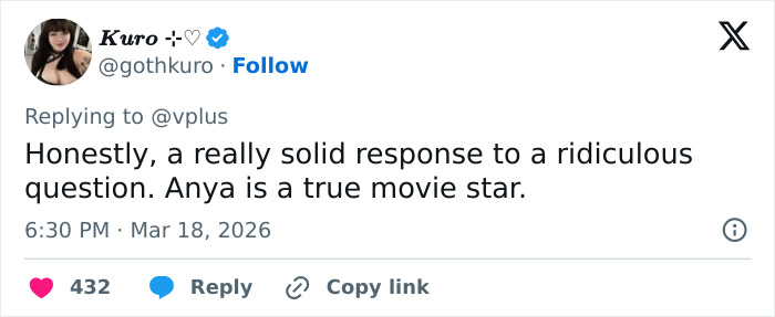 Tweet responding to an awkward Today interview, praising Anya Taylor-Joy as a true movie star amid Craig Melvin backlash.