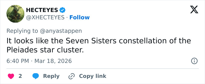 Tweet from user HECTEYES replying about Seven Sisters constellation, linked to Anya Taylor-Joy’s latest interview appearance debate.