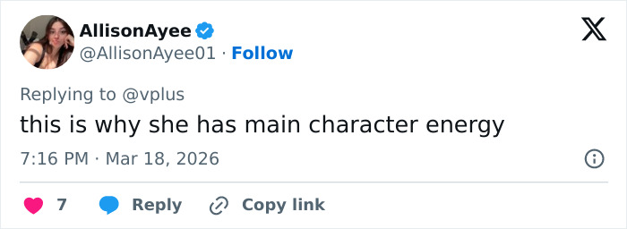 Screenshot of a tweet praising a female's main character energy, posted by AllisonAyee on social media.