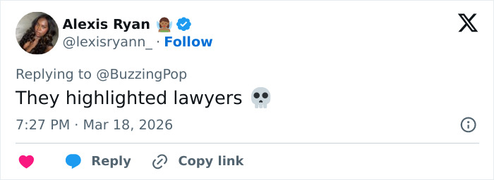 Alexis Ryan replying to a tweet with a comment on lawyers, sharing a reaction about the Oscars' In Memoriam exclusion.