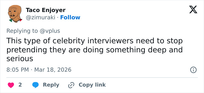 Screenshot of a tweet criticizing celebrity interviewers related to Craig Melvin’s awkward Today interview with Anya Taylor‑Joy.