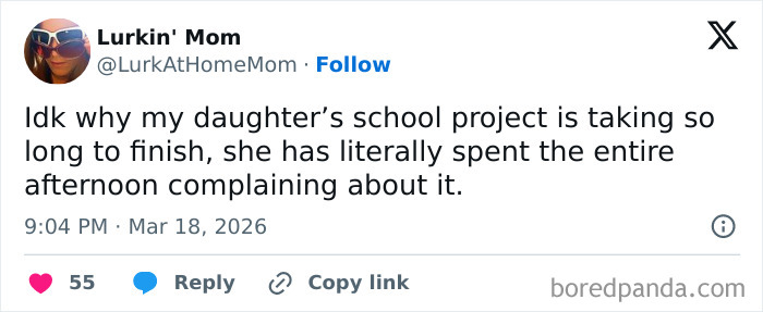 Tweet from a parent sharing honest struggles about their child's school project taking a long time to finish.