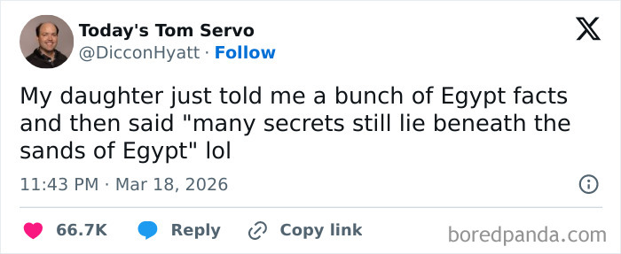 Tweet showing a funny parent-kid conversation about Egypt facts, showcasing humor in family interactions.