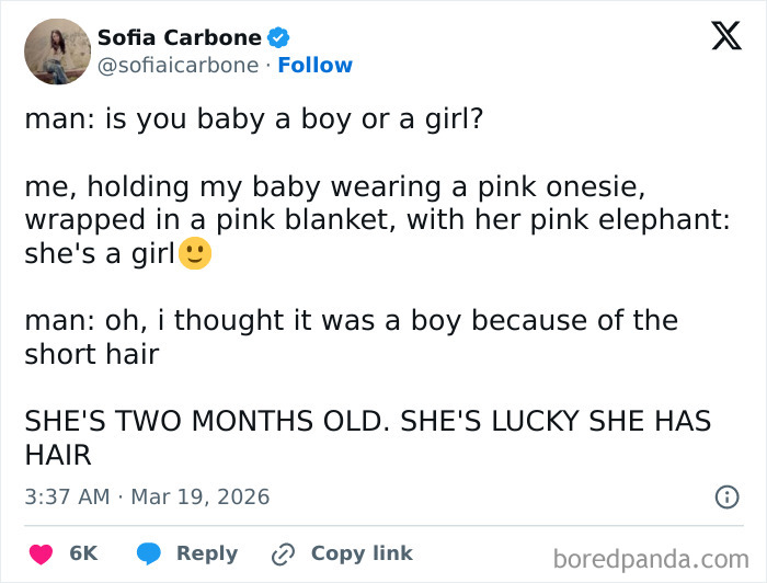 Tweet showing a funny and honest parenting moment about baby gender assumptions and the struggles parents face.