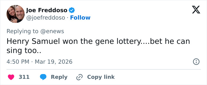 Tweet by Joe Freddoso commenting on Heidi Klum's son's star-like look and singing talent after a premiere appearance. Tweet by Joe Freddoso commenting on Heidi Klum's son's star-like look and singing talent after a premiere appearance.