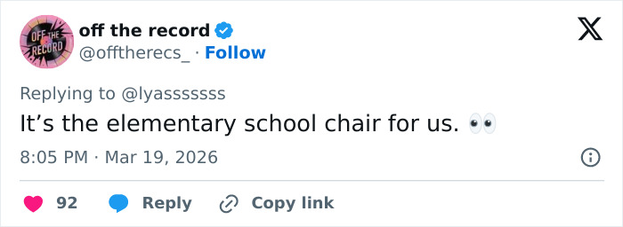 Tweet from off the record responding with a comment about an elementary school chair, featuring fan reactions to Olivia Rodrigo Vogue cover. Tweet from off the record responding with a comment about an elementary school chair, featuring fan reactions to Olivia Rodrigo Vogue cover.