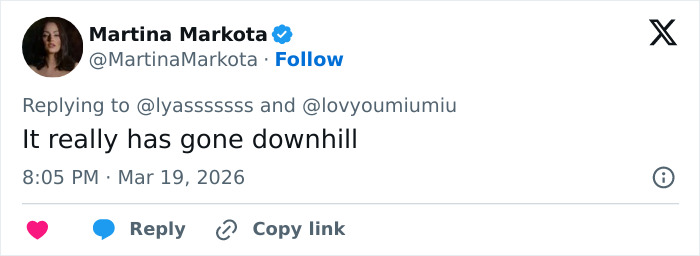 Tweet reply from Martina Markota criticizing Olivia Rodrigo’s Vogue cover amid fan backlash over bizarre details. Tweet reply from Martina Markota criticizing Olivia Rodrigo’s Vogue cover amid fan backlash over bizarre details.