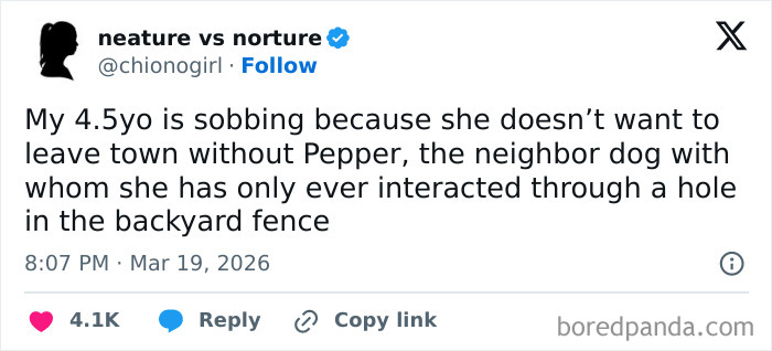 Tweet from a parent sharing the honest struggle of a child upset about leaving town and saying goodbye to a neighbor dog.