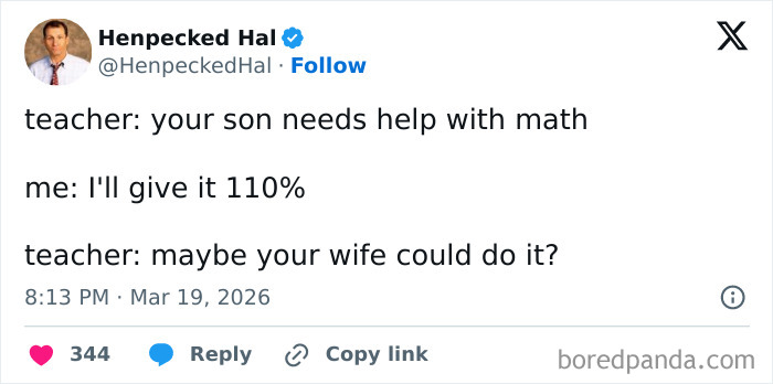 Tweet from Henpecked Hal humorously sharing a parent's struggles with a teacher about helping their son with math on social media.