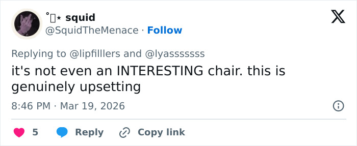 Tweet criticizing a chair's design, reflecting fan reactions to Olivia Rodrigo's Vogue cover with bizarre details. Tweet criticizing a chair's design, reflecting fan reactions to Olivia Rodrigo's Vogue cover with bizarre details.