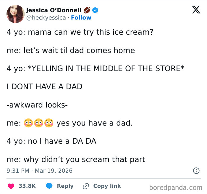 Tweet showing a funny and honest parenting moment with a child misunderstanding the word dad in a store.
