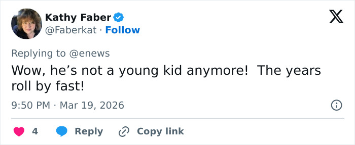 Tweet by Kathy Faber commenting on Heidi Klum's son’s look, expressing surprise at how fast he has grown. Tweet by Kathy Faber commenting on Heidi Klum's son’s look, expressing surprise at how fast he has grown.