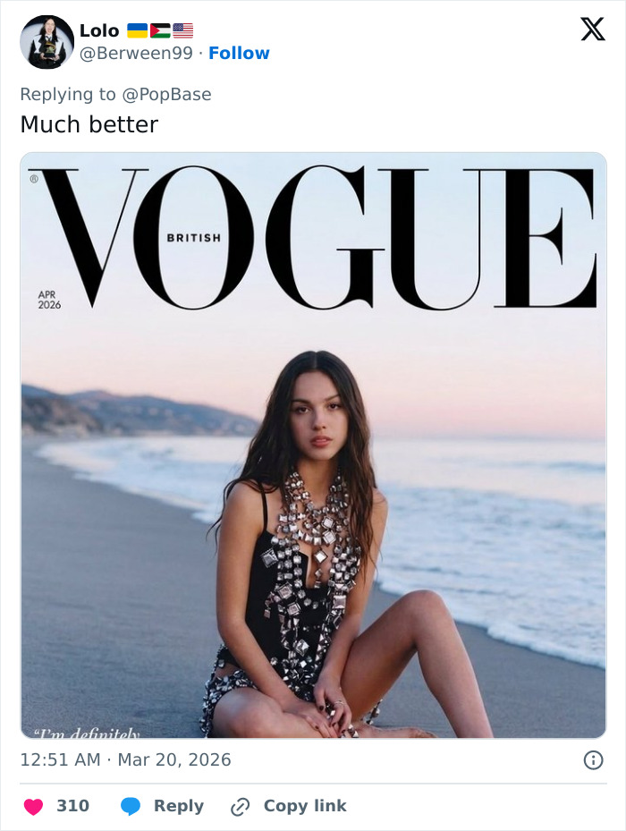 Olivia Rodrigo on a British Vogue cover sitting on the beach wearing a black outfit with reflective embellishments at sunset Olivia Rodrigo on a British Vogue cover sitting on the beach wearing a black outfit with reflective embellishments at sunset