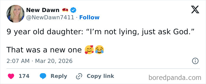 Screenshot of a humorous parent-kid conversation tweet where a 9-year-old says just ask God to prove honesty.